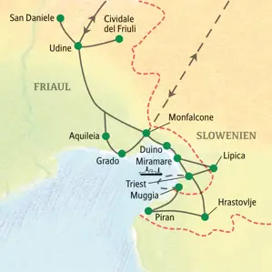 Karte der Studiosus-Studienreise im Friaul und in Slowenien mit der Route von Udine über Triest, Aquileia und Piran.