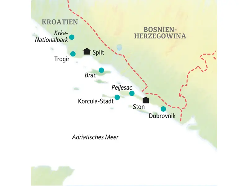 Routenverlauf der Studienreise in Kroatien: Von Split und Trogir geht es über Brac und Peljesac nach Korcula-Stadt und Dubrovnik.