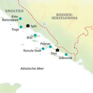 Routenverlauf der Studienreise in Kroatien: Von Split und Trogir geht es über Brac und Peljesac nach Korcula-Stadt und Dubrovnik.