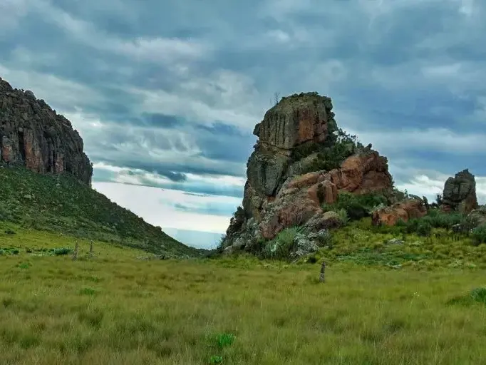 Grüne Hochebene mit den markanten Drachenzähne-Felsen auf dem Weg zum Satima Peak im Aberdare-Nationalpark, Kenia.