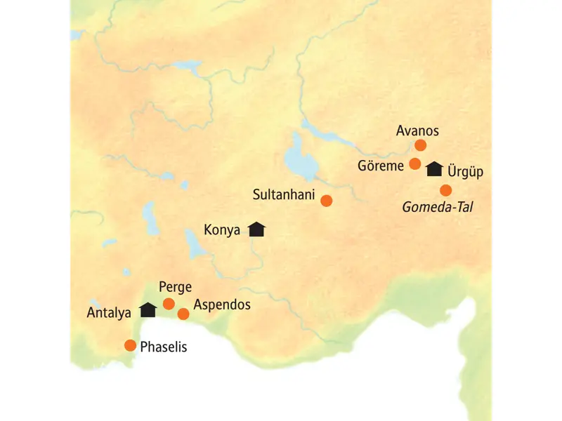 Karte der Studiosus-Studienreise in der Türkei, die von Ürgüp in Kappadokien über Konya bis zur Mittelmeerküste bei Antalya führt.