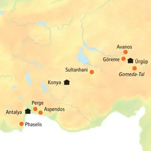 Karte der Studiosus-Studienreise in der Türkei, die von Ürgüp in Kappadokien über Konya bis zur Mittelmeerküste bei Antalya führt.
