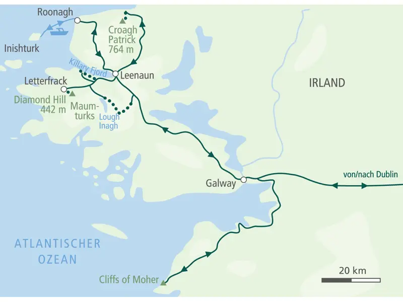 Karte der Wanderreise in Irland: Route von Dublin über Galway nach Connemara mit Cliffs of Moher, Croagh Patrick und Inishturk.