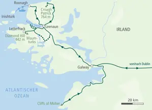 Karte der Wanderreise in Irland: Route von Dublin über Galway nach Connemara mit Cliffs of Moher, Croagh Patrick und Inishturk.