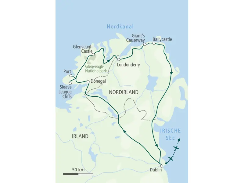 Unsere Reiseroute der Wanderreise in Irland startet in Dublin und führt über Donegal, Londonderry und zum Giant's Causeway.