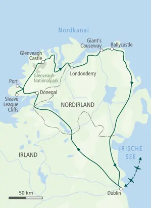 Unsere Reiseroute der Wanderreise in Irland startet in Dublin und führt über Donegal, Londonderry und zum Giant's Causeway.