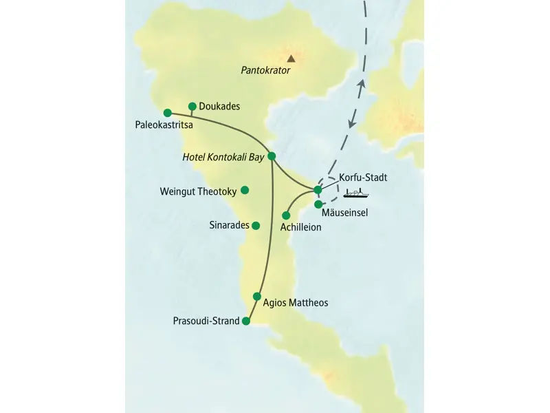 Karte der geführten Studienreise auf Korfu mit Ausflügen ab Kontokali Bay nach Korfu-Stadt, Paleokastritsa und zum Schloss Achilleion.