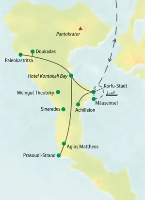 Karte der geführten Studienreise auf Korfu mit Ausflügen ab Kontokali Bay nach Korfu-Stadt, Paleokastritsa und zum Schloss Achilleion.