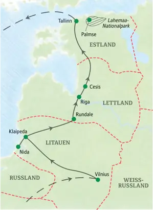 Routenverlauf unserer geführten Rundreise im Baltikum von Vilnius über Klaipeda, Riga und Cesis bis zum Zielort Tallinn.