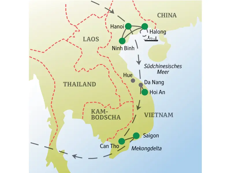 Karte der Reiseroute unserer Vietnam-Singlereise von Hanoi im Norden über Hoi An bis nach Saigon und ins Mekongdelta im Süden.