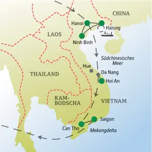 Karte der Reiseroute unserer Vietnam-Singlereise von Hanoi im Norden über Hoi An bis nach Saigon und ins Mekongdelta im Süden.