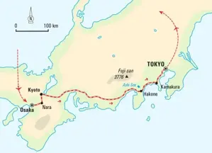 Reiseroute der Hauser Trekkingreise in Japan: von Osaka über Kyoto und Hakone am Fuji-san vorbei nach Tokyo.