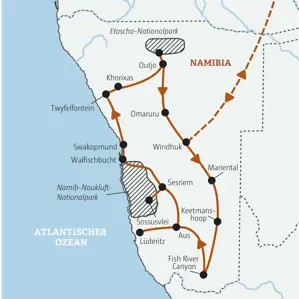 Karte der Marco Polo Namibia-Rundreise: Route von Windhuk zum Fish River Canyon, nach Swakopmund und in den Etoscha-Park.