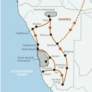 Karte der Marco Polo Namibia-Rundreise: Route von Windhuk zum Fish River Canyon, nach Swakopmund und in den Etoscha-Park.
