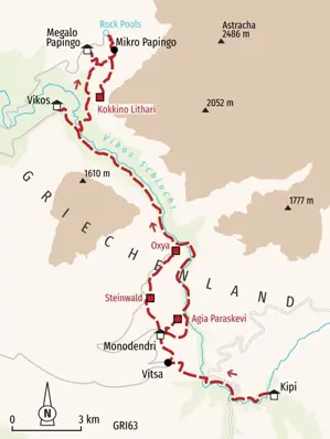 Karte der Trekkingroute in der Vikos-Schlucht, Griechenland: von Kipi über Monodendri und Vikos bis nach Megalo Papingo.