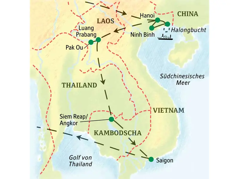 Karte der geführten Rundreise in Vietnam, Laos & Kambodscha. Die Route führt von Hanoi über Luang Prabang und Angkor nach Saigon.