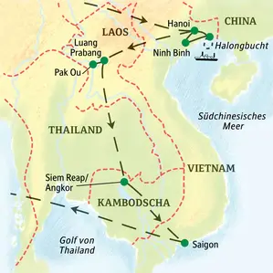 Karte der geführten Rundreise in Vietnam, Laos & Kambodscha. Die Route führt von Hanoi über Luang Prabang und Angkor nach Saigon.