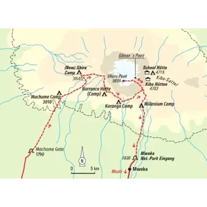 Karte der Trekking-Reiseroute am Kilimanjaro. Die Machame-Route führt von Machame Gate über Barranco und Karanga zum Uhuru Peak.