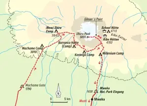 Karte der Trekking-Reiseroute am Kilimanjaro. Die Machame-Route führt von Machame Gate über Barranco und Karanga zum Uhuru Peak.