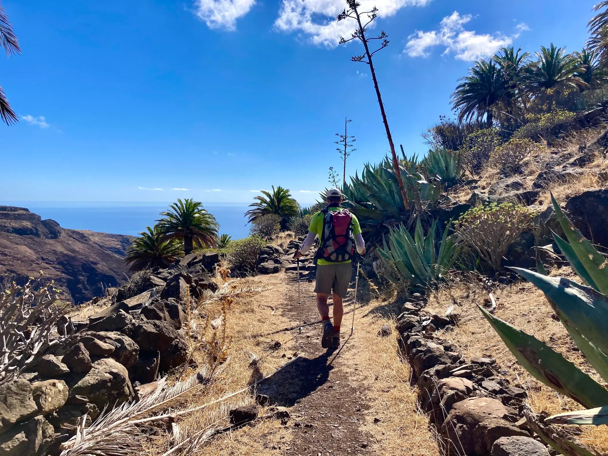 Wanderer erkundet auf einem sonnigen Pfad die trockene Berglandschaft von La Gomera mit Palmen, Agaven und Meerblick.