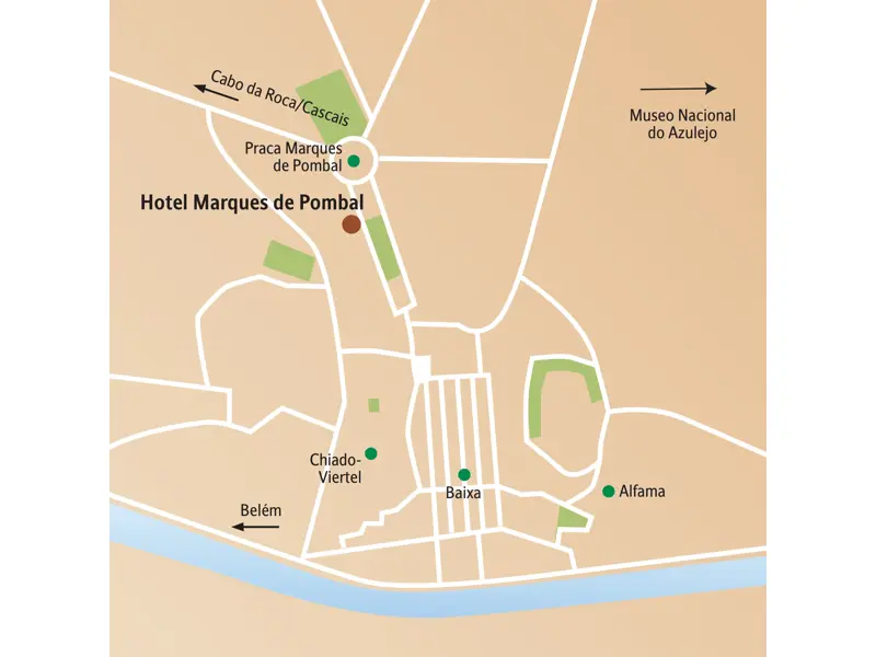 Übersichtskarte der Silvester-Singlereise in Lissabon: Hotel, die Viertel Baixa und Alfama sowie Ausflüge nach Belém und Cascais.