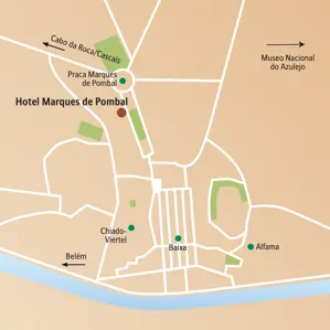 Übersichtskarte der Silvester-Singlereise in Lissabon: Hotel, die Viertel Baixa und Alfama sowie Ausflüge nach Belém und Cascais.
