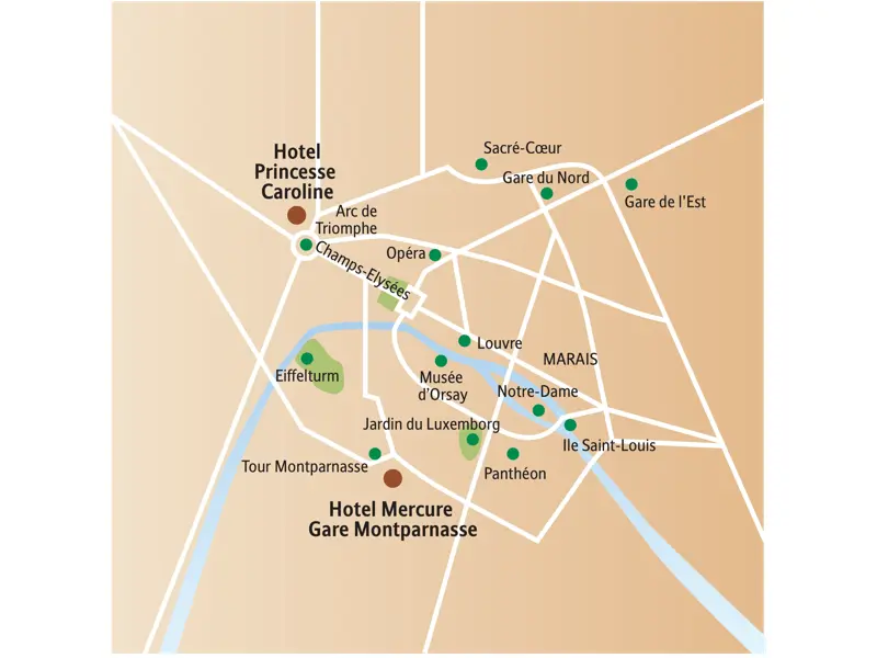 Lageplan der Studiosus Städtereise in Paris mit den beiden Hotels und Sehenswürdigkeiten wie Louvre und Musée d'Orsay.