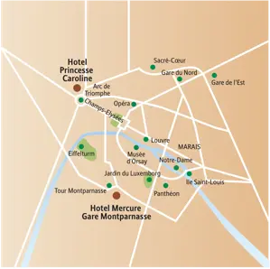 Lageplan der Studiosus Städtereise in Paris mit den beiden Hotels und Sehenswürdigkeiten wie Louvre und Musée d'Orsay.