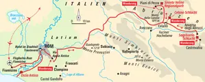 Reiseroute der Wanderreise in Italien, die von Rom über Ostia Antica in die Abruzzen zum Sirente Velino Regionalpark führt.