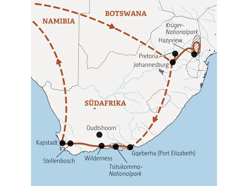 Karte der geführten Rundreise in Südafrika, die in Johannesburg startet und über den Krüger-Park und die Garden Route nach Kapstadt führt.