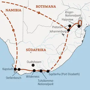 Karte der geführten Rundreise in Südafrika, die in Johannesburg startet und über den Krüger-Park und die Garden Route nach Kapstadt führt.