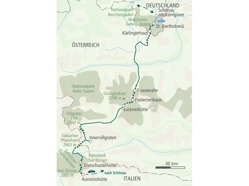 Karte der Alpenüberquerung: Route von Schönau am Königssee über die Hohen Tauern und Innervillgraten zu den Drei Zinnen.