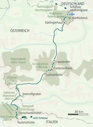 Karte der Alpenüberquerung: Route von Schönau am Königssee über die Hohen Tauern und Innervillgraten zu den Drei Zinnen.