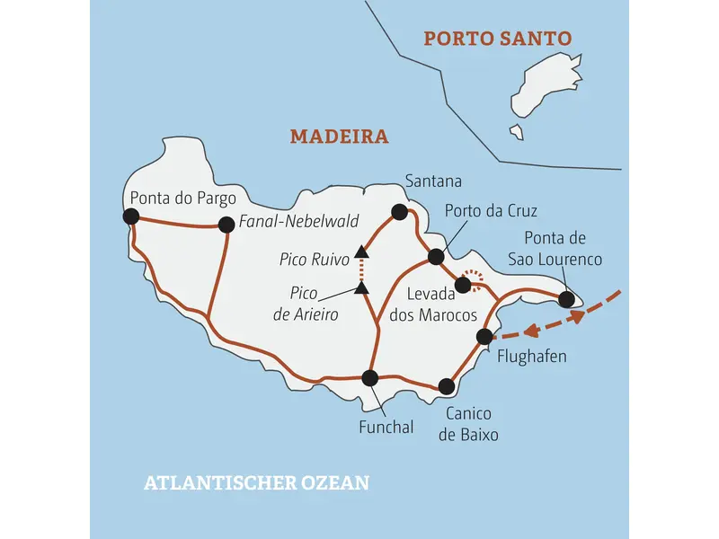 Karte der Marco Polo Rundreise auf Madeira mit Route von Funchal über Santana, Pico Ruivo und Ponta do Pargo nach Canico de Baixo.