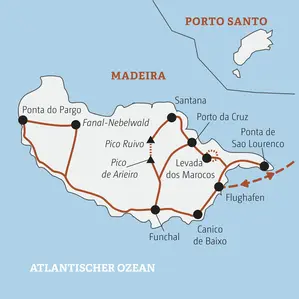 Karte der Marco Polo Rundreise auf Madeira mit Route von Funchal über Santana, Pico Ruivo und Ponta do Pargo nach Canico de Baixo.