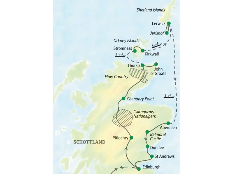 Reiseroute der Schottland-Studienreise: von Edinburgh durch die Highlands zu den Orkney und Shetland Islands und zurück.