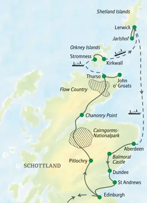 Reiseroute der Schottland-Studienreise: von Edinburgh durch die Highlands zu den Orkney und Shetland Islands und zurück.