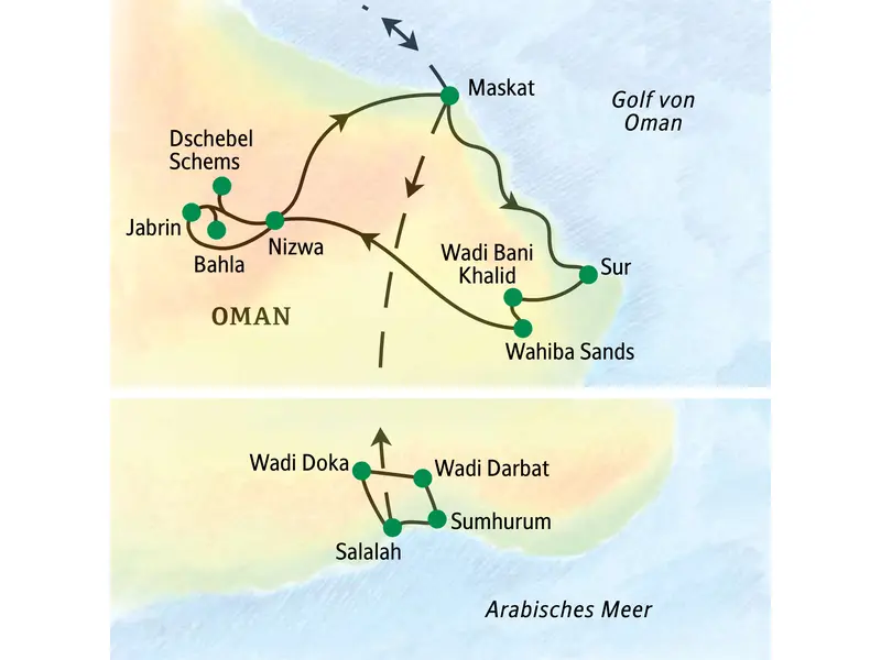 Karte der Studiosusreise durch den Oman: von Maskat über Nizwa und die Wüste bis in die Weihrauchregion um Salalah.