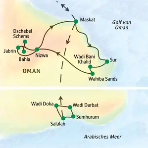 Karte der Studiosusreise durch den Oman: von Maskat über Nizwa und die Wüste bis in die Weihrauchregion um Salalah.