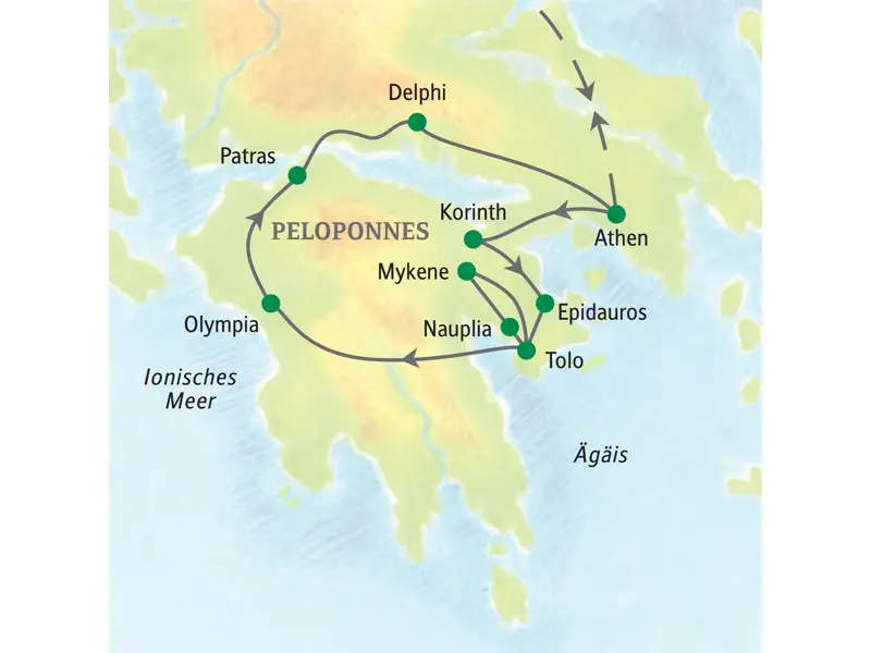 Karte der Familienreise in Griechenland: Route von Athen über Korinth, Mykene, Olympia und Delphi zurück zum Start.