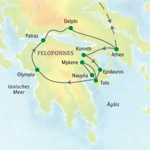 Karte der Familienreise in Griechenland: Route von Athen über Korinth, Mykene, Olympia und Delphi zurück zum Start.