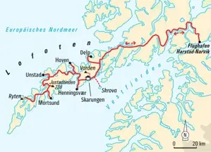 Routenverlauf der Hauser Wanderreise auf den Lofoten in Norwegen von Harstad-Narvik über Henningsvær, Ryten bis nach Unstad.