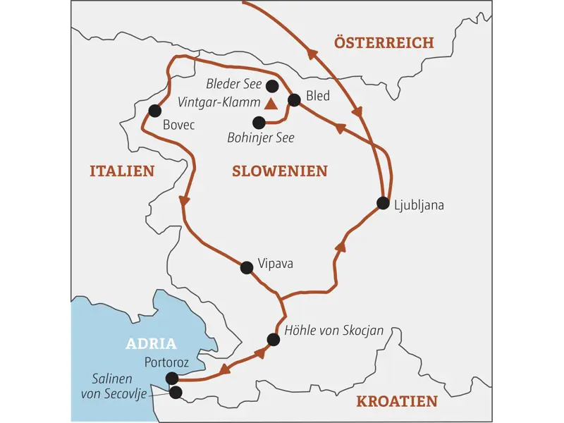 Reiseroute der Gruppenreise für junge Leute in Slowenien: von Ljubljana über Bled und Bovec bis zur Adriaküste in Portoroz.