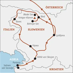 Reiseroute der Gruppenreise für junge Leute in Slowenien: von Ljubljana über Bled und Bovec bis zur Adriaküste in Portoroz.
