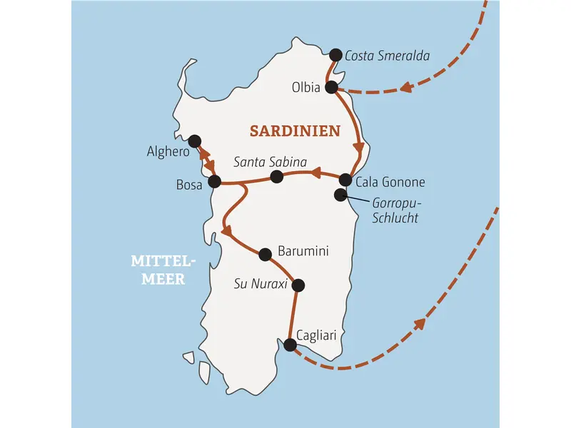 Karte der Gruppenreise für junge Leute auf Sardinien: Route von Olbia über Cala Gonone und Alghero bis nach Cagliari.