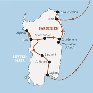 Karte der Gruppenreise für junge Leute auf Sardinien: Route von Olbia über Cala Gonone und Alghero bis nach Cagliari.