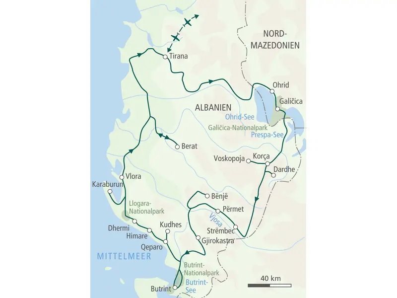 Karte der Hauser Wanderreise in Albanien & Nordmazedonien. Route von Tirana über Ohrid, Gjirokastra und die Albanische Riviera.