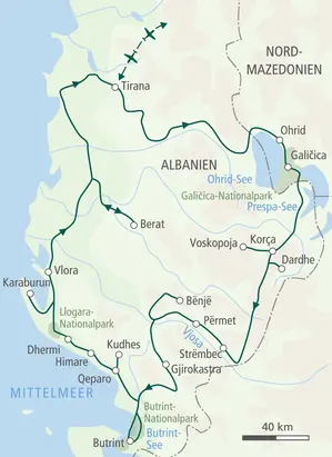 Karte der Hauser Wanderreise in Albanien & Nordmazedonien. Route von Tirana über Ohrid, Gjirokastra und die Albanische Riviera.