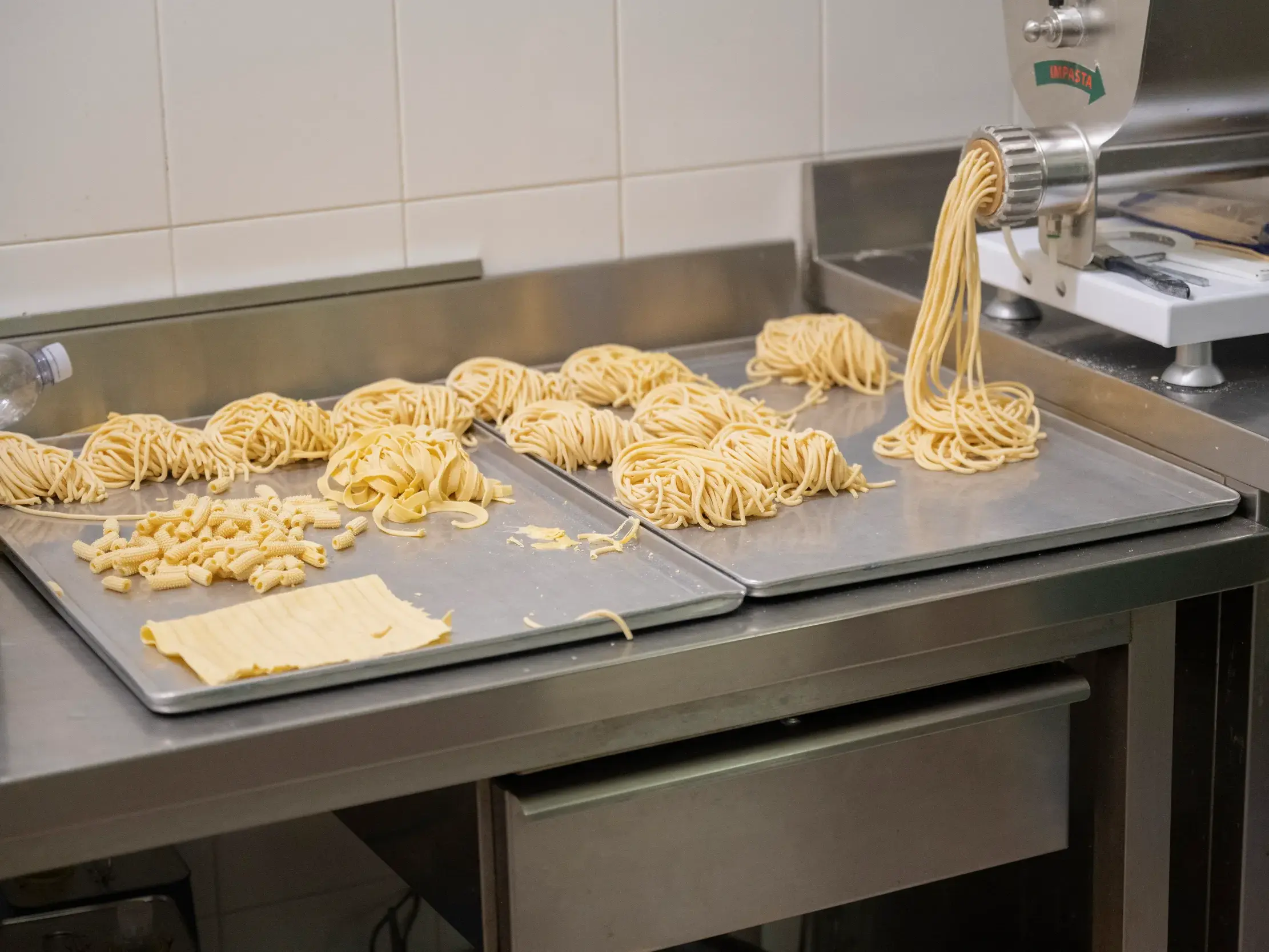 Hausgemachte Pasta wird mit einer Maschine frisch zubereitet und liegt auf Blechen in der Küche des Agriturismo Lu Ceppe.