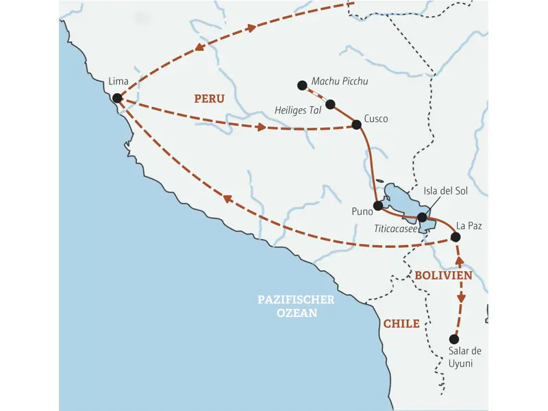 Marco Polo Rundreise durch Peru und Bolivien: Karte der Route von Lima über Cusco, den Titicacasee und La Paz zum Salar de Uyuni.